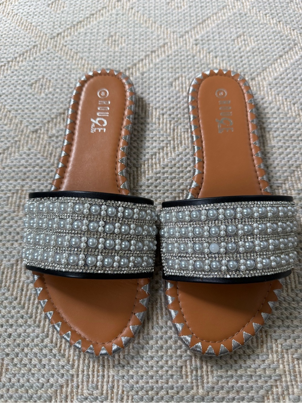 Beaded Pearl Slide Sandals - Tan
